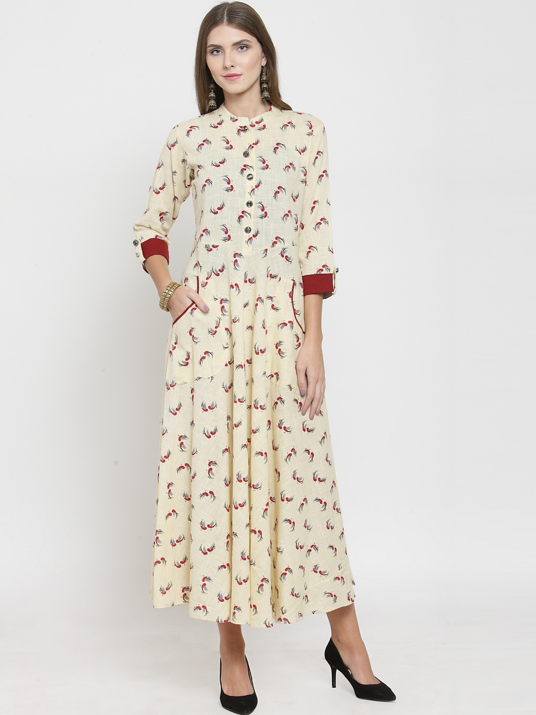 

Indibelle Women Cream-Coloured Printed Maxi Dress