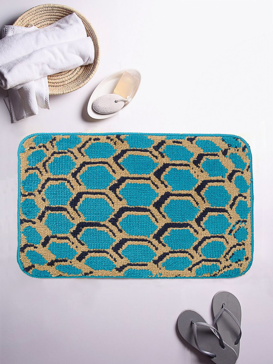 

ROMEE Turquoise Blue & Brown Printed Rectangular Bath Rug