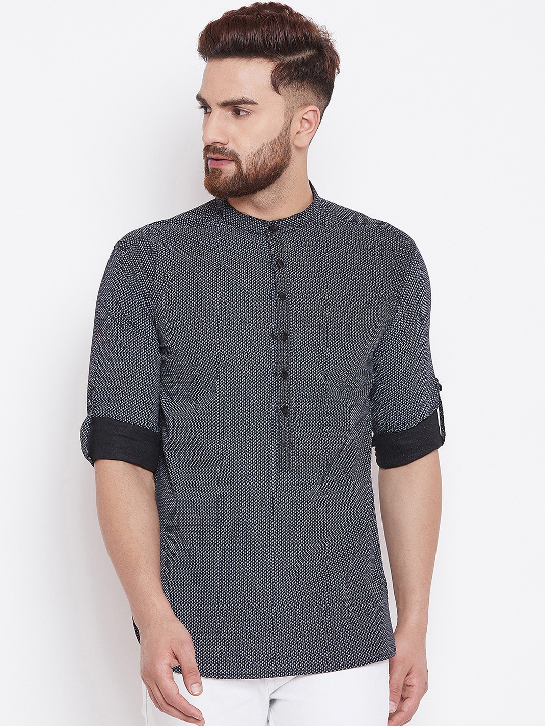 

even Men Black & Grey Printed Straight Kurta