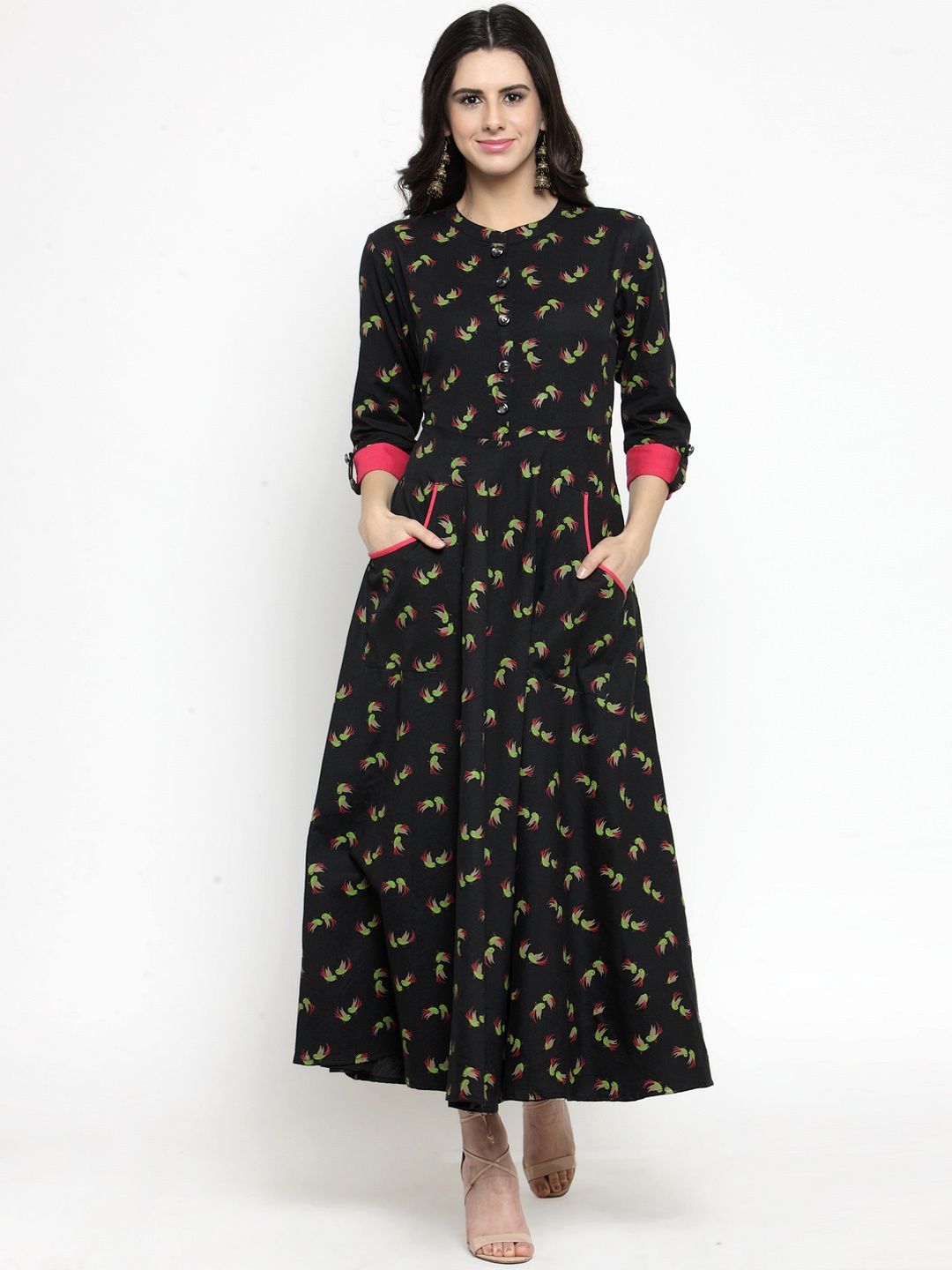 

Indibelle Cotton Black Birds Print Long Flared Dress