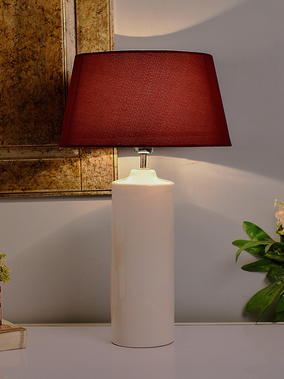 Homesake White & Red Colourblocked Handcrafted Bedside Standard Table Lamp