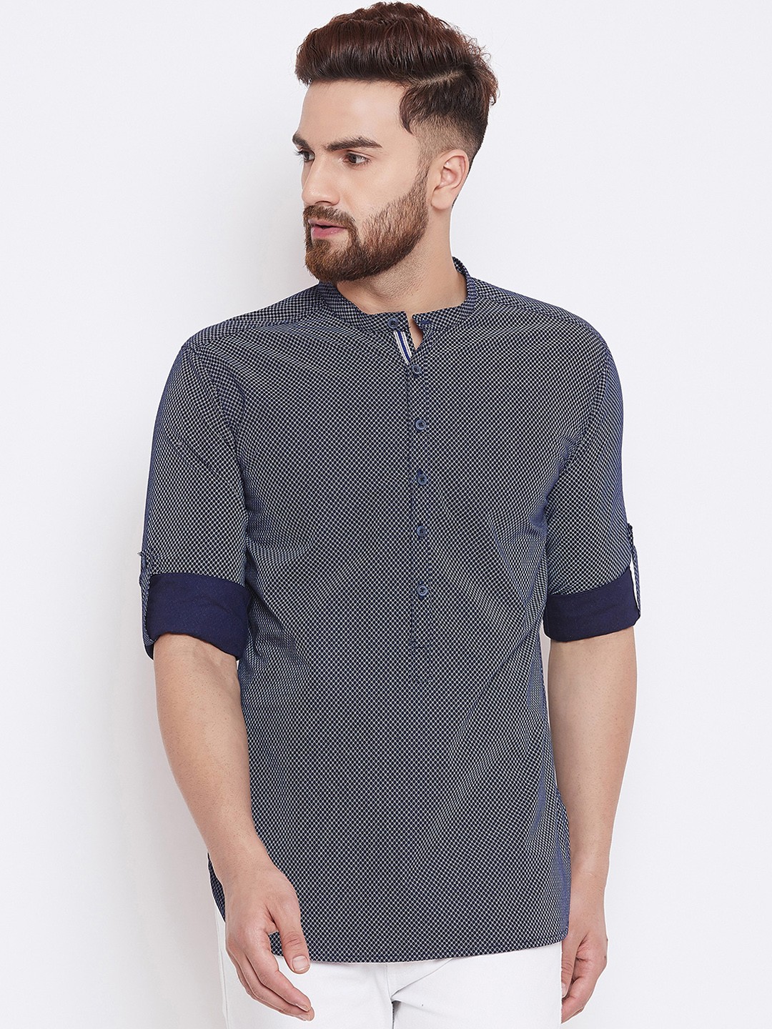 

even Men Navy Blue Printed Straight Kurta