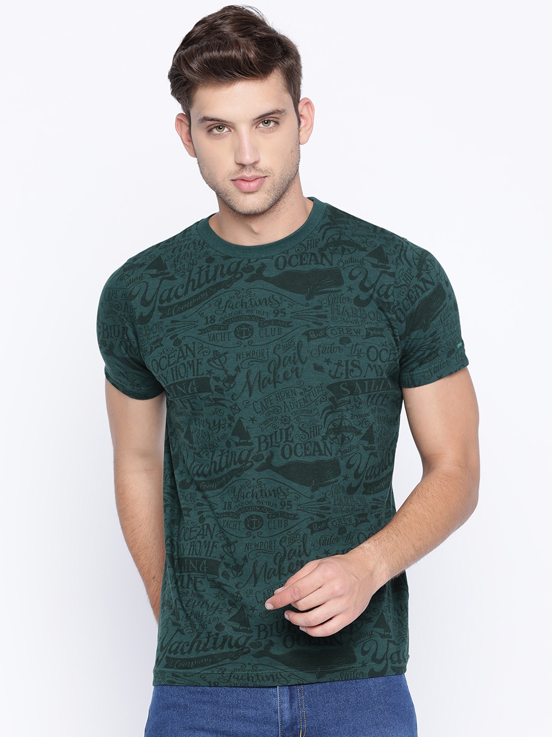 

Basics Men Green Printed Round Neck T-shirt