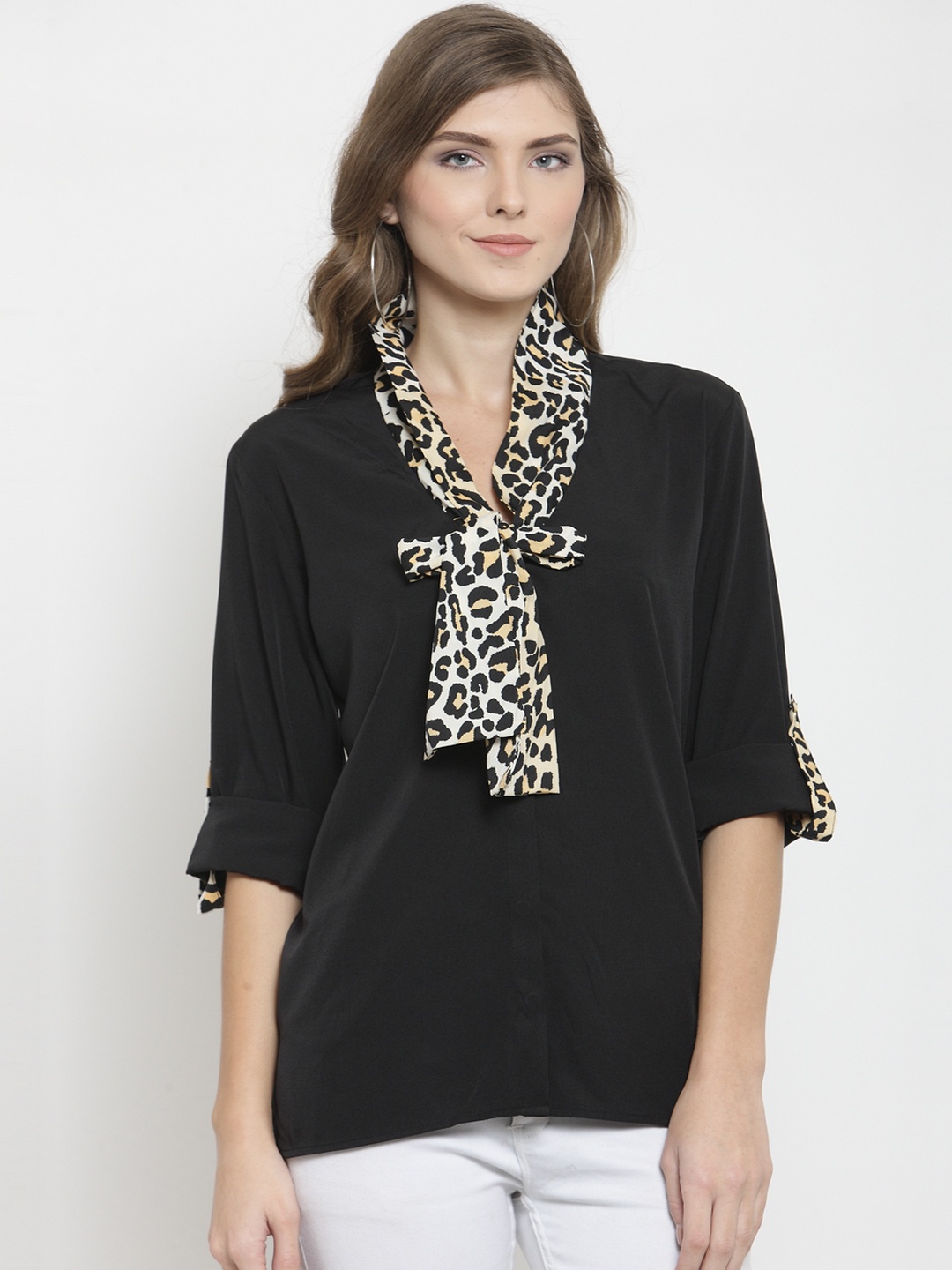 

Purple State Women Black & Beige Printed Roll-Up Sleeves High-Low Top