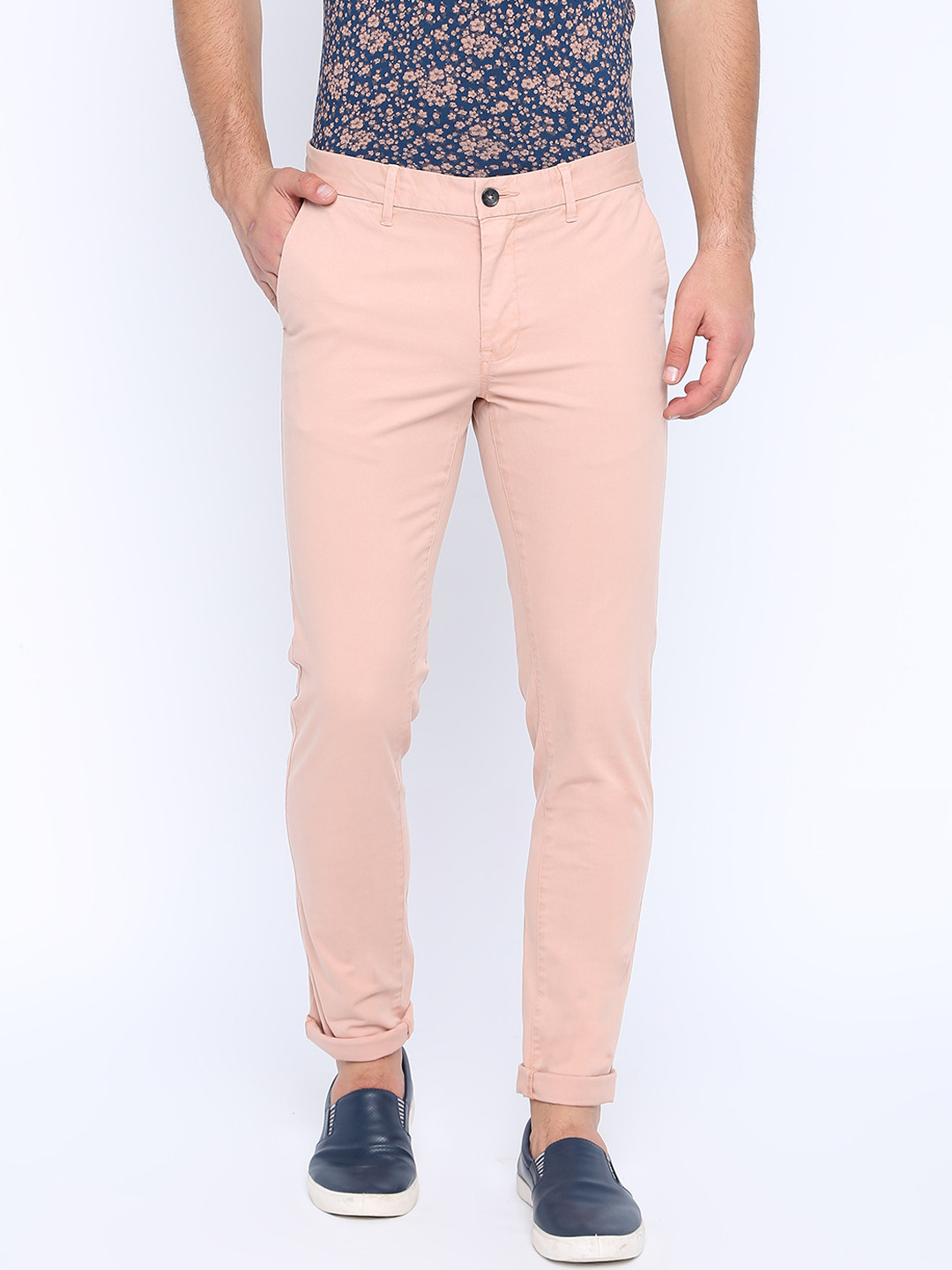 

Basics Men Peach-Coloured Skinny Fit Solid Regular Trousers
