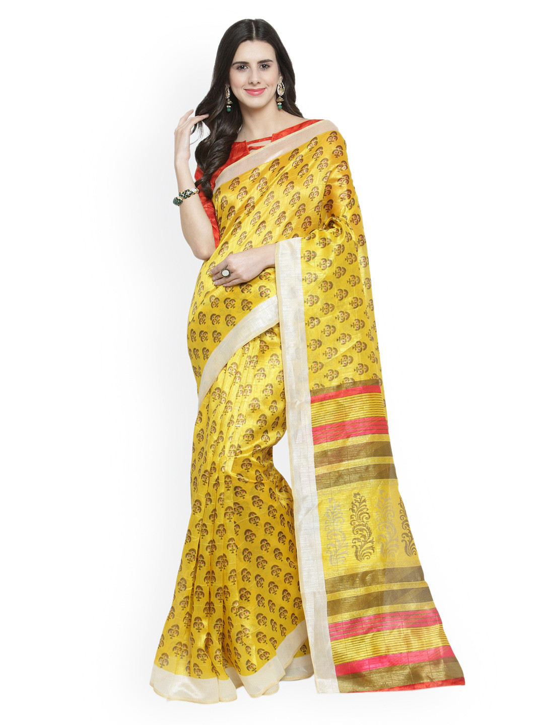 

Shaily Yellow & Brown Silk Cotton Printed Saree