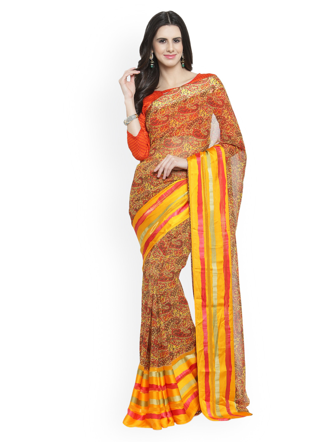 

Shaily Yellow Printed Satin Saree
