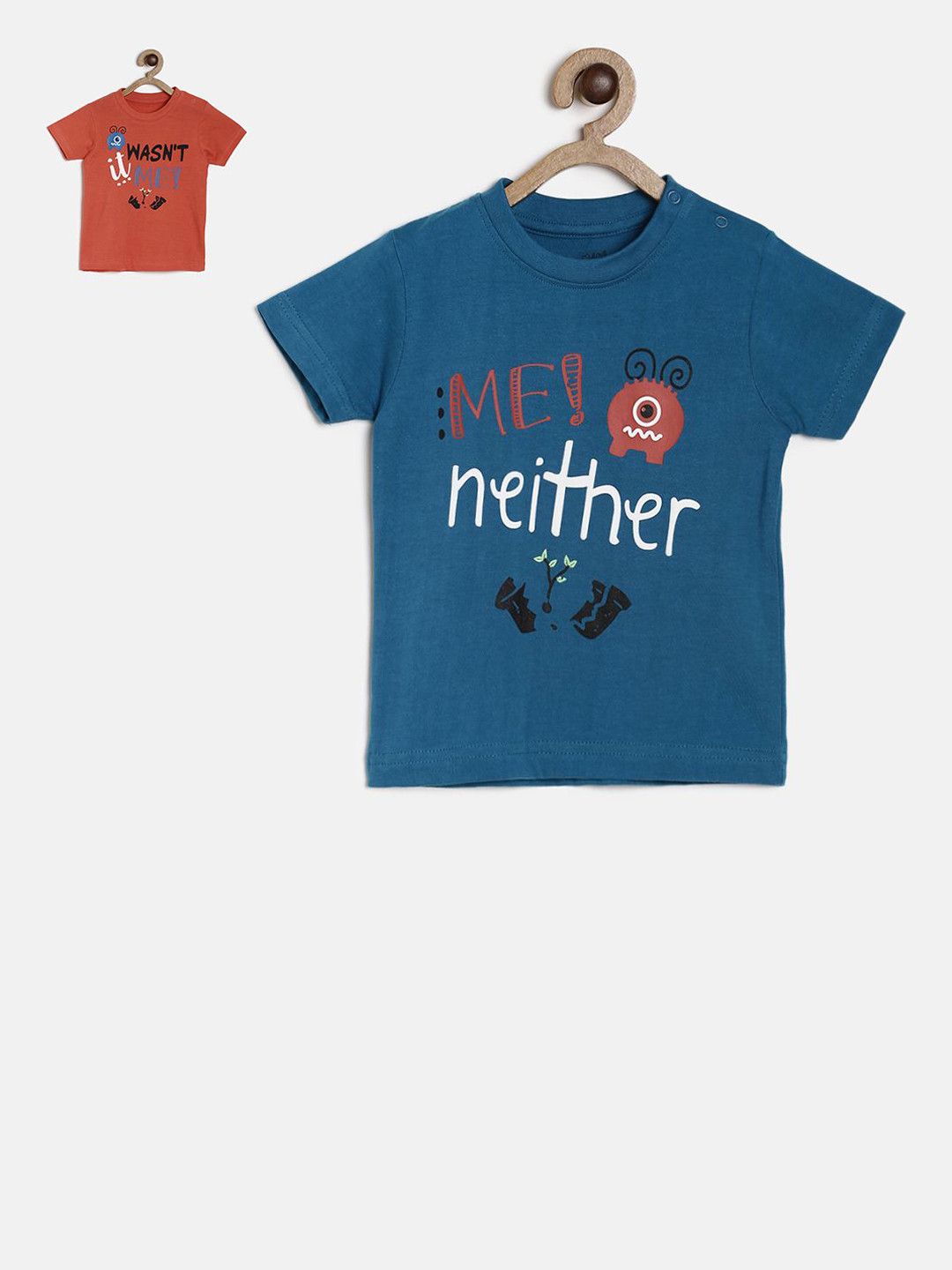 

MINI KLUB Boys Pack of 2 Printed Round Neck Pure Cotton T-shirt, Blue