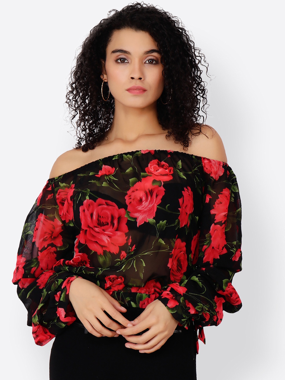 

Cation Women Black & Red Printed Bardot Top