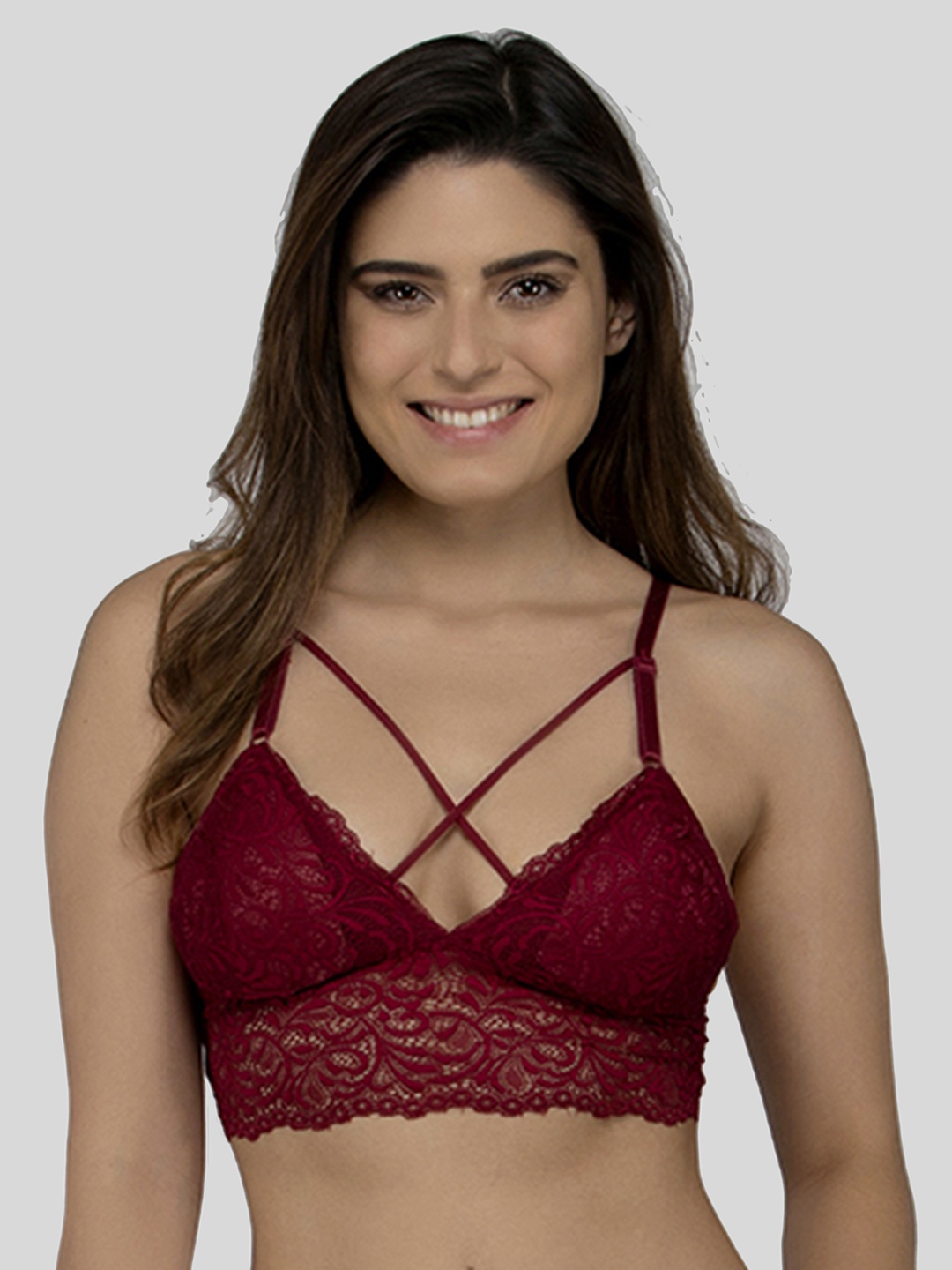 

Laceandme Maroon Lace Non-Wired Lightly Padded Bralette Bra 4304