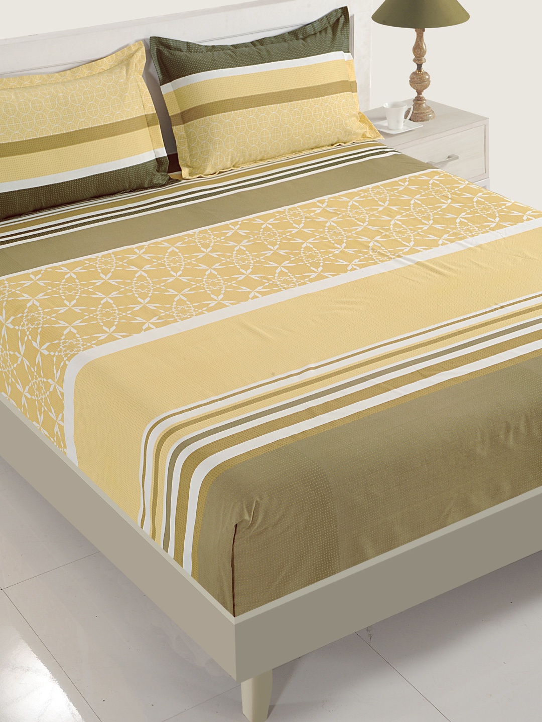 

SWAYAM Green & Beige Striped Fitted 144 TC Cotton 1 Queen Bedsheet with 2 Pillow Covers