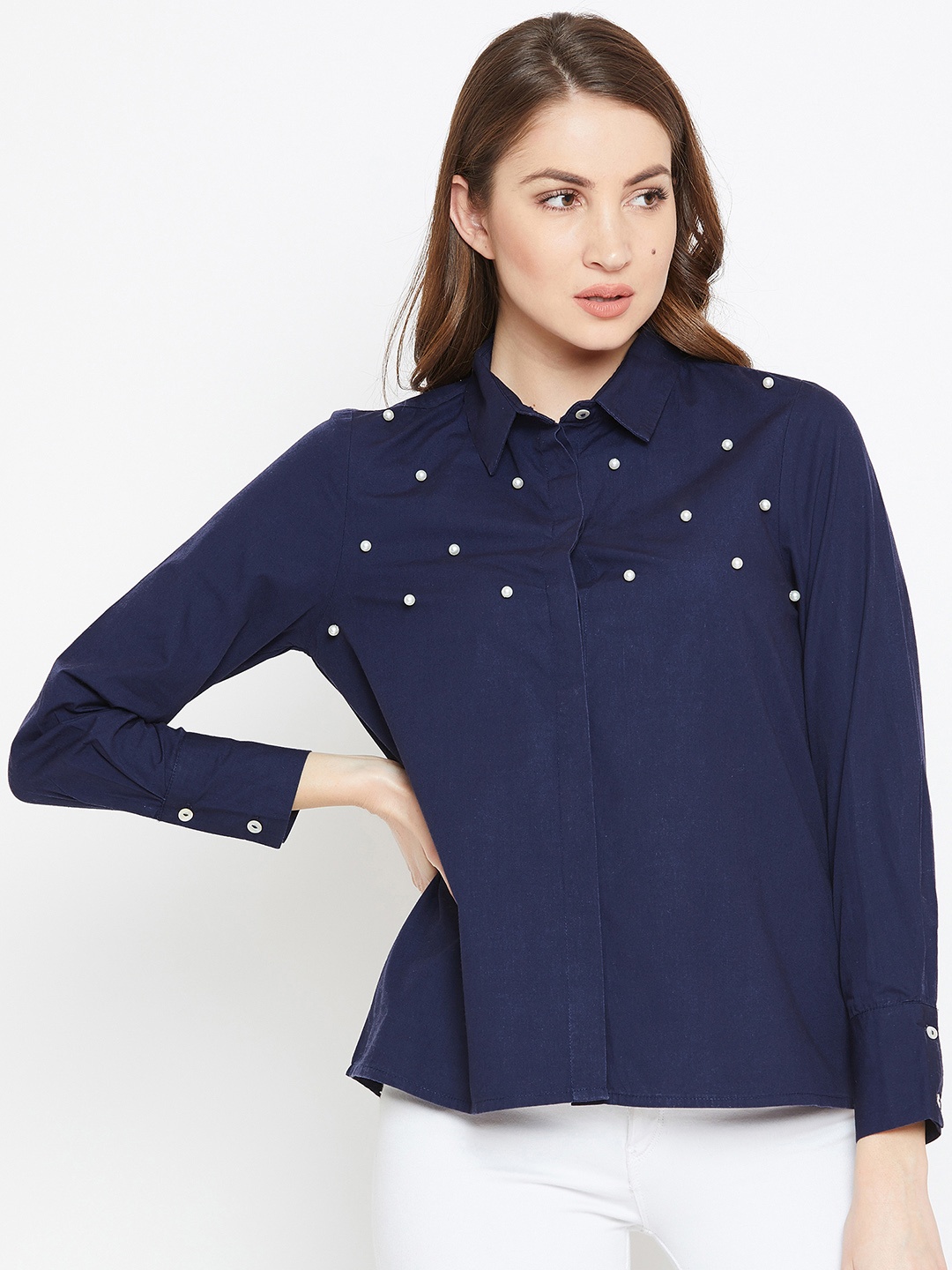 

Zastraa Women Navy Blue Regular Fit Embellished Casual Shirt