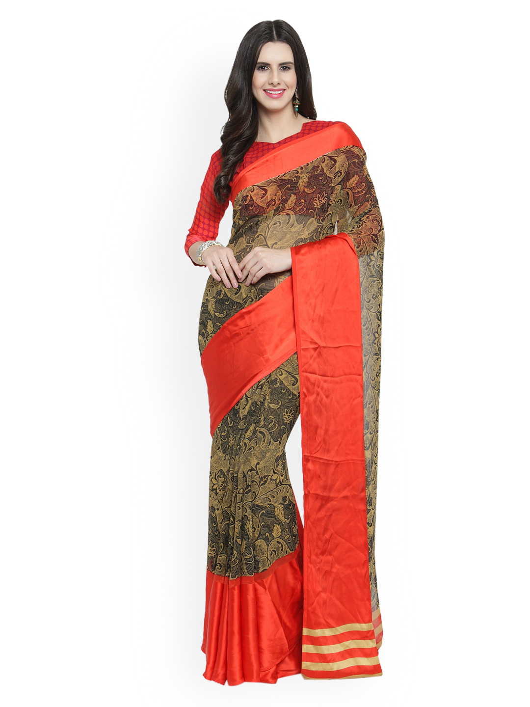 

Shaily Brown & Red Satin Printed Saree