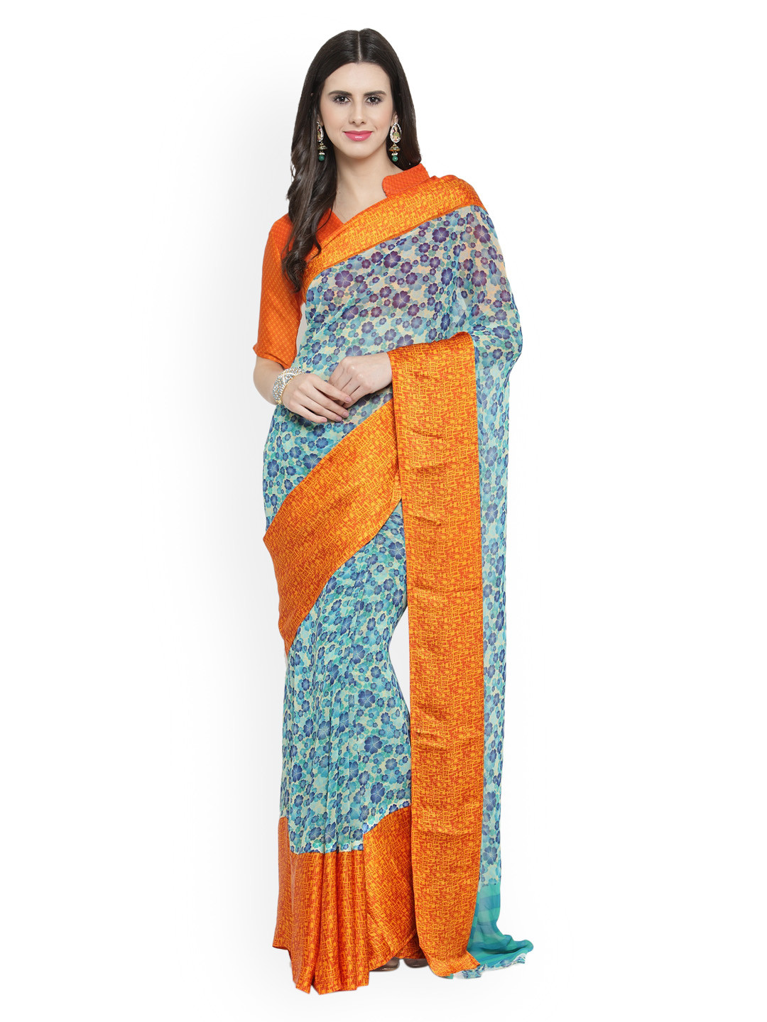 

Shaily Turquoise Blue Printed Satin Saree