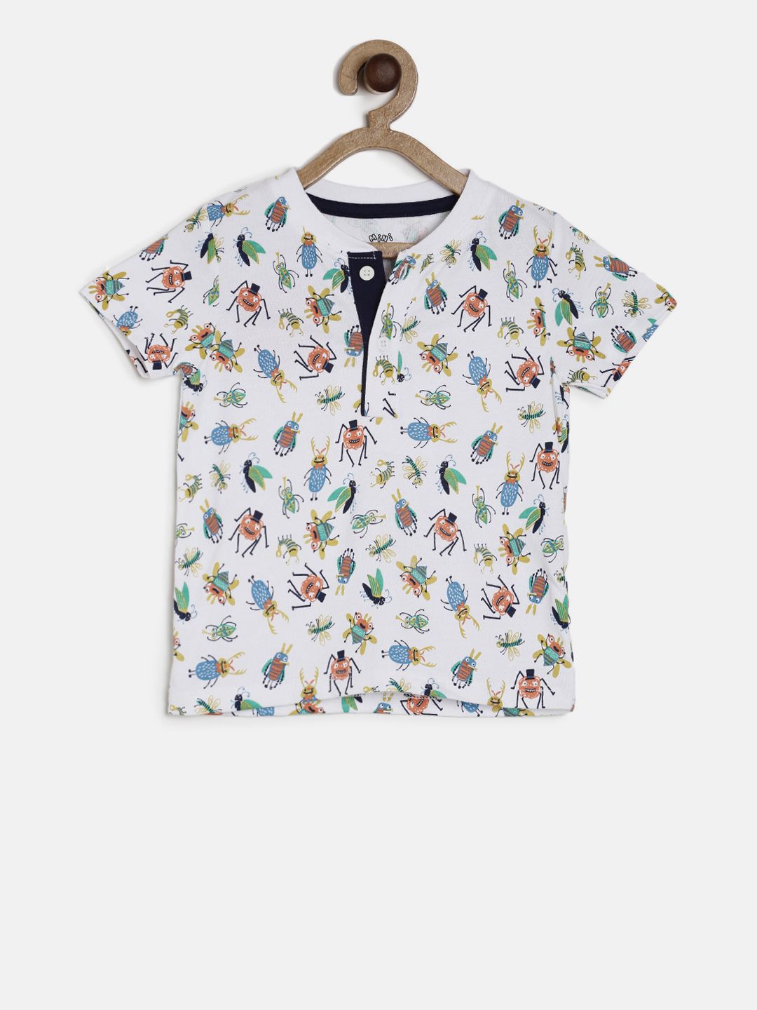 

MINI KLUB Boys White Printed Henley Neck Pure Cotton T-shirt