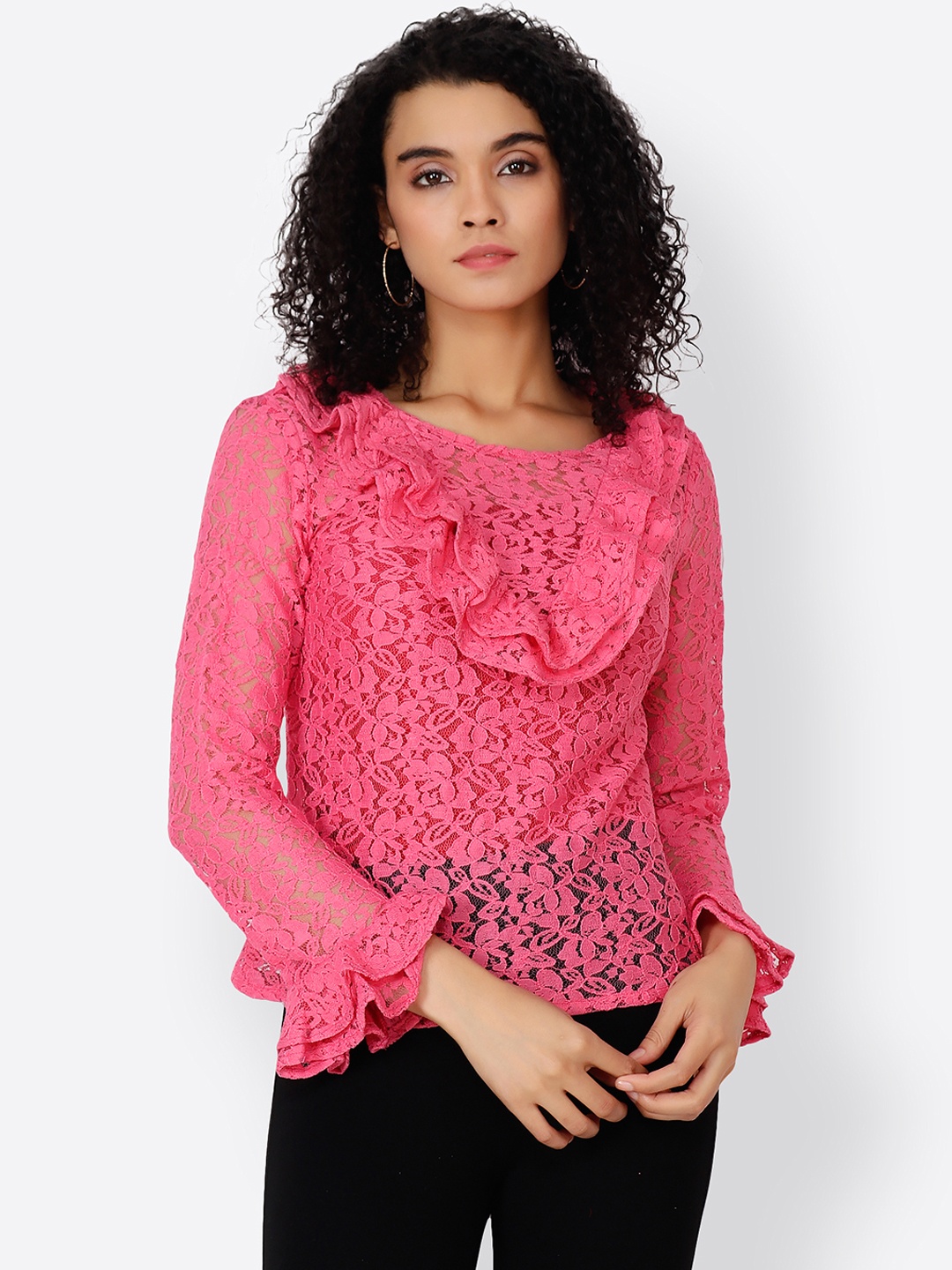 

Cation Women Pink Self Design Bell Sleeves Top