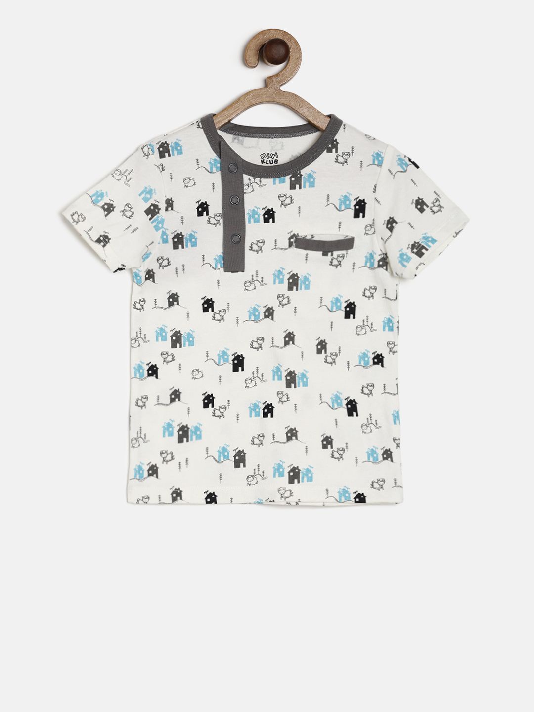 

MINI KLUB Boys Off-White Printed Henley Neck Pure Cotton T-shirt