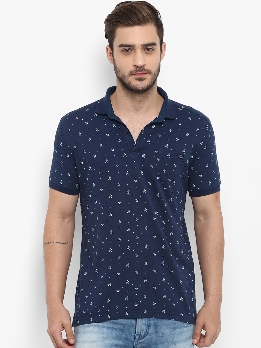 

Mufti Men Navy Blue Printed Polo Collar Pure Cotton T-shirt