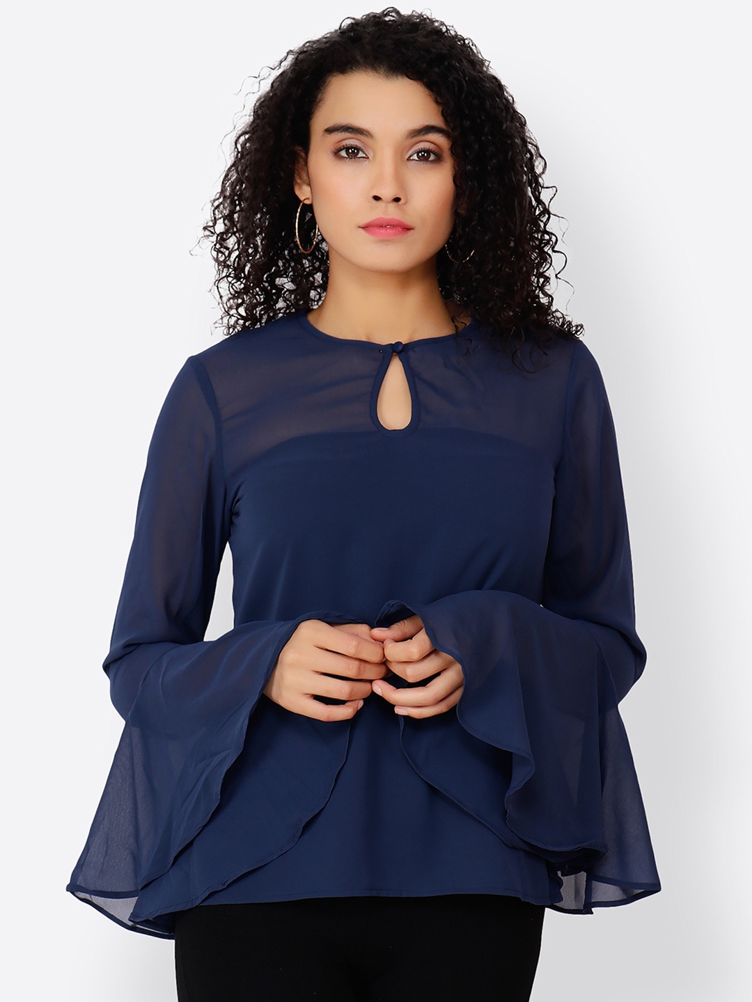 

Cation Women Navy Blue Solid Bell Sleeves Top