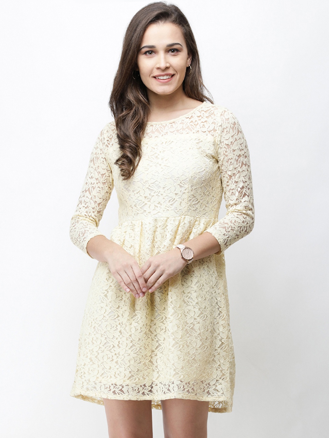 

Cation Women Cream-Coloured Self Design Fit and Flare Dress