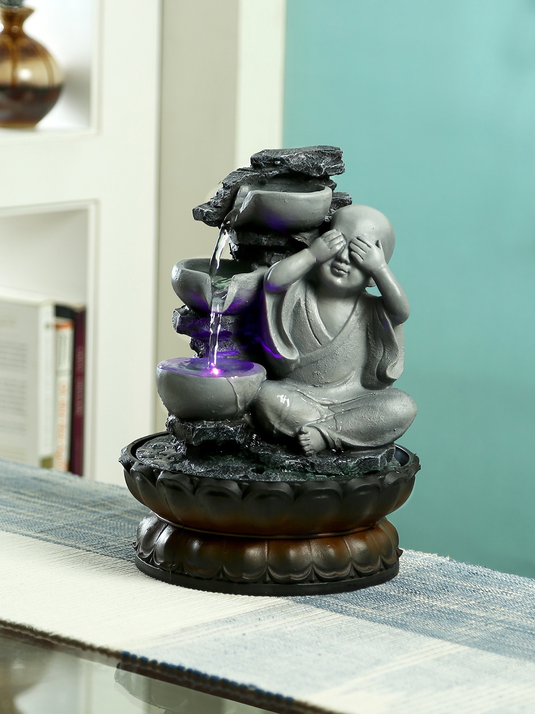 

Aapno Rajasthan Grey Handcrafted Serene Buddha Flowing Water Indoor Fountain with Light