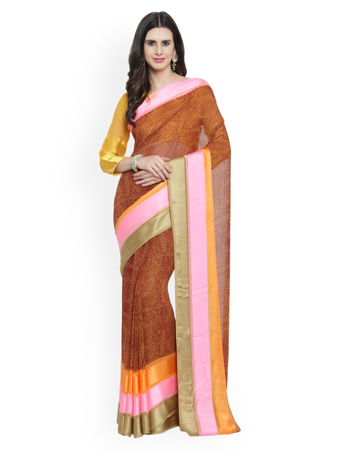 

Shaily Brown Printed Satin Saree