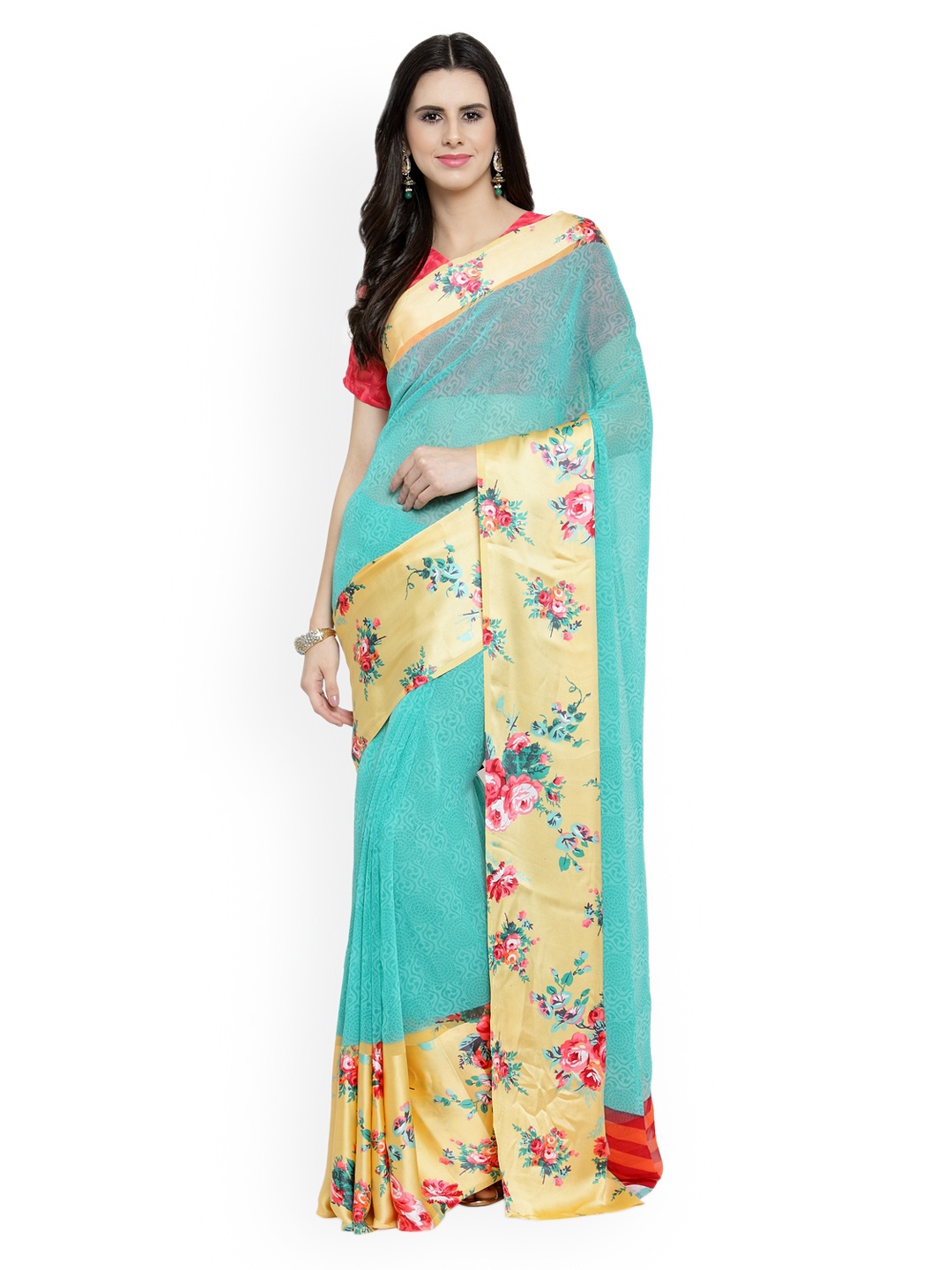 

Shaily Turquoise Blue Printed Satin Saree