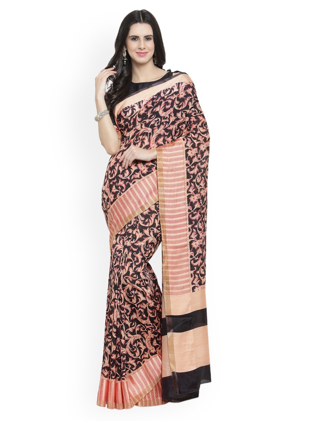 

Shaily Women Peach-Coloured & Black Satin Printed Saree