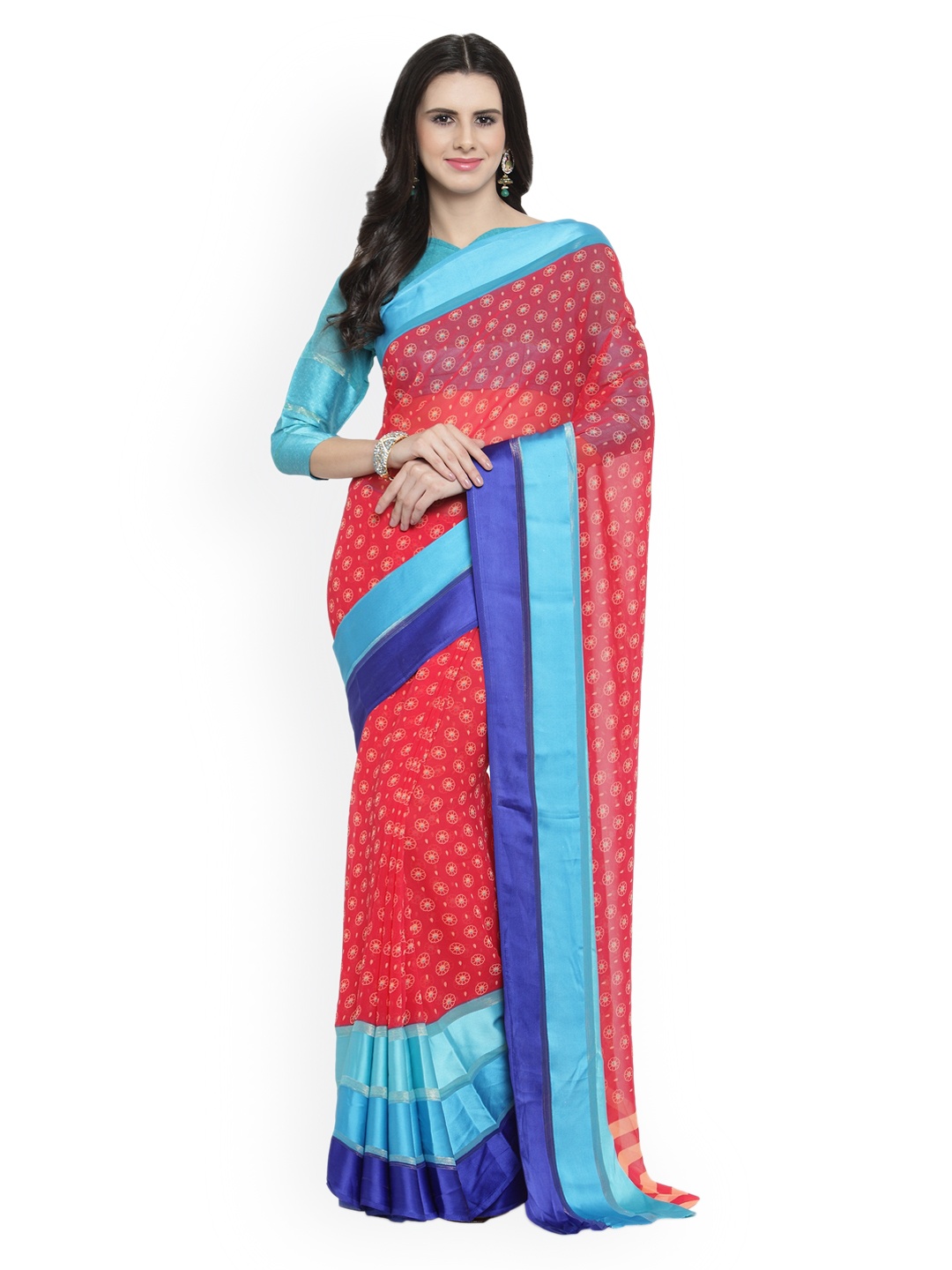 

Shaily Red & Blue Satin Printed Saree