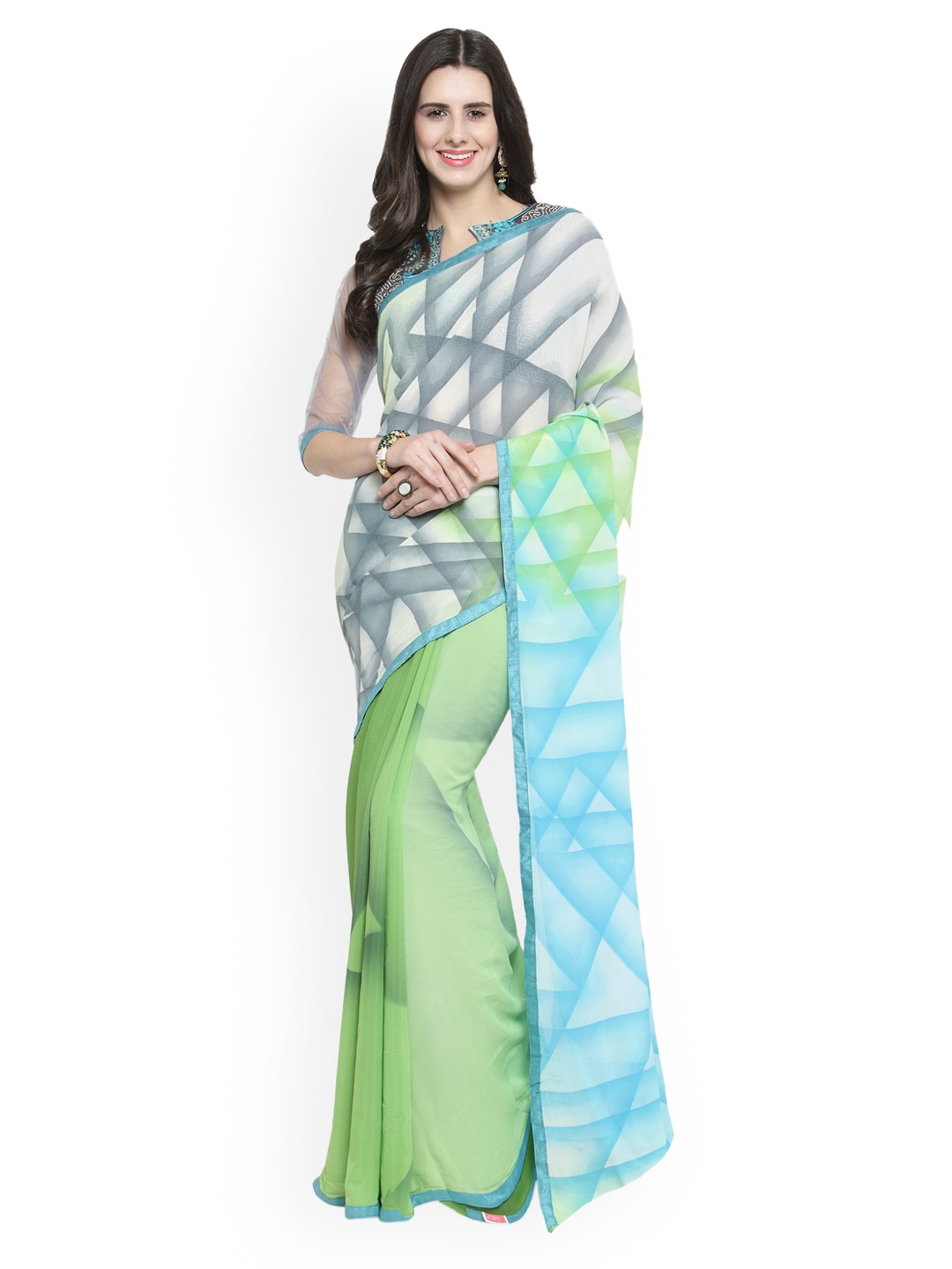 

Shaily Grey & Green Pure Georgette Printed Saree