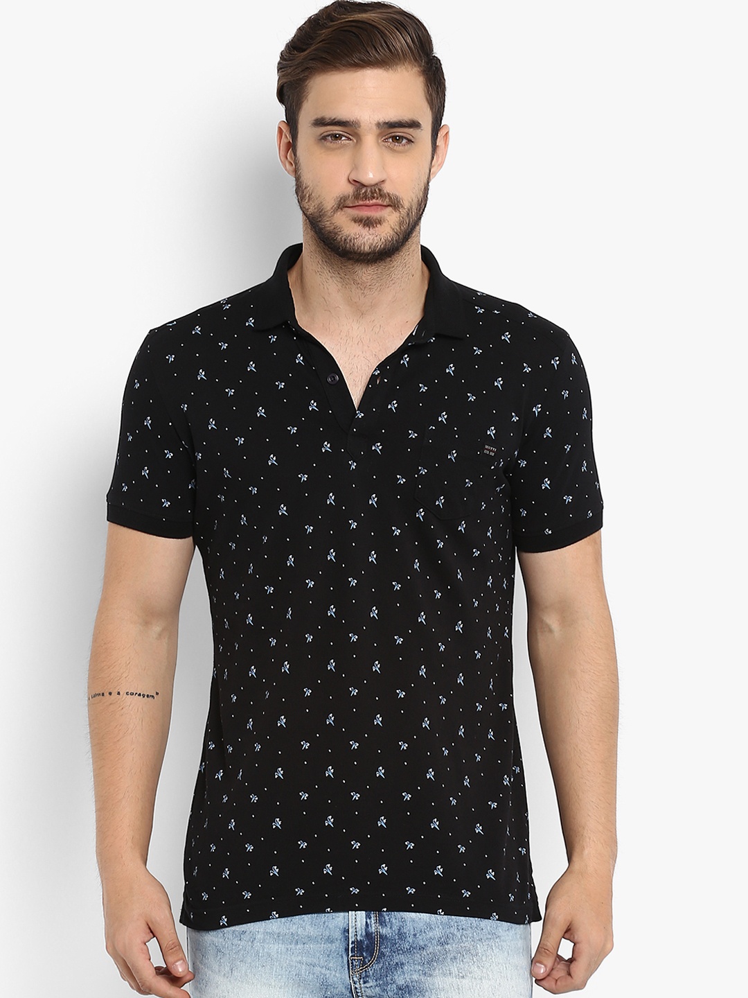 

Mufti Men Black Printed Polo Collar Pure Cotton T-shirt