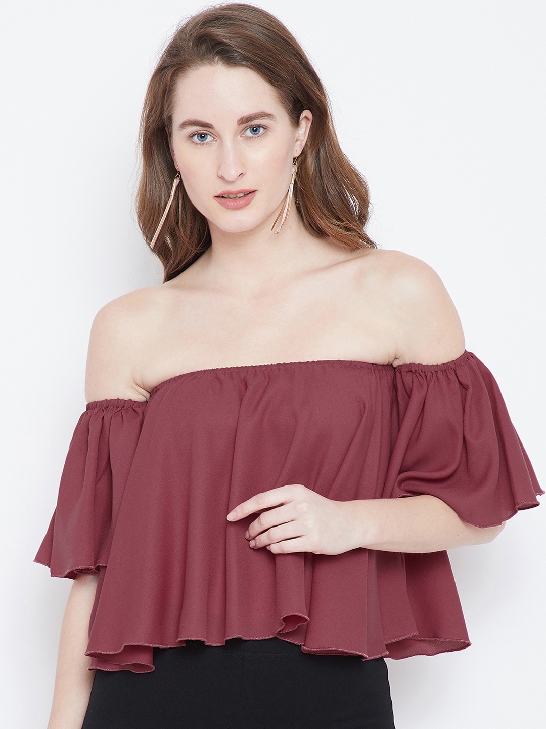 

Berrylush Women Mauve Solid Bardot Top