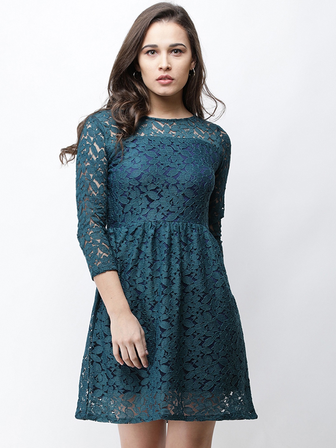 

Cation Women Teal Self Design Fit and Flare Dress