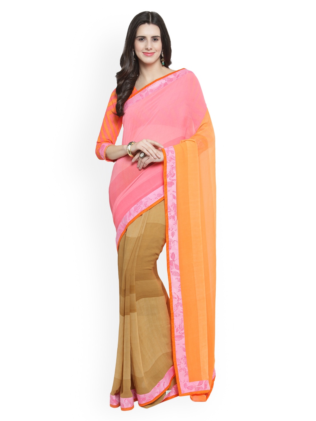 

Shaily Beige & Pink Pure Georgette Printed Saree