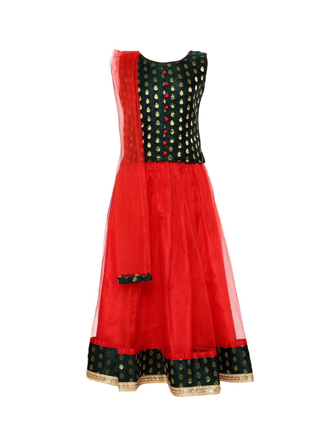 

BownBee Girls Red & Black Woven Design Ready to Wear Lehenga & Blouse with Dupatta