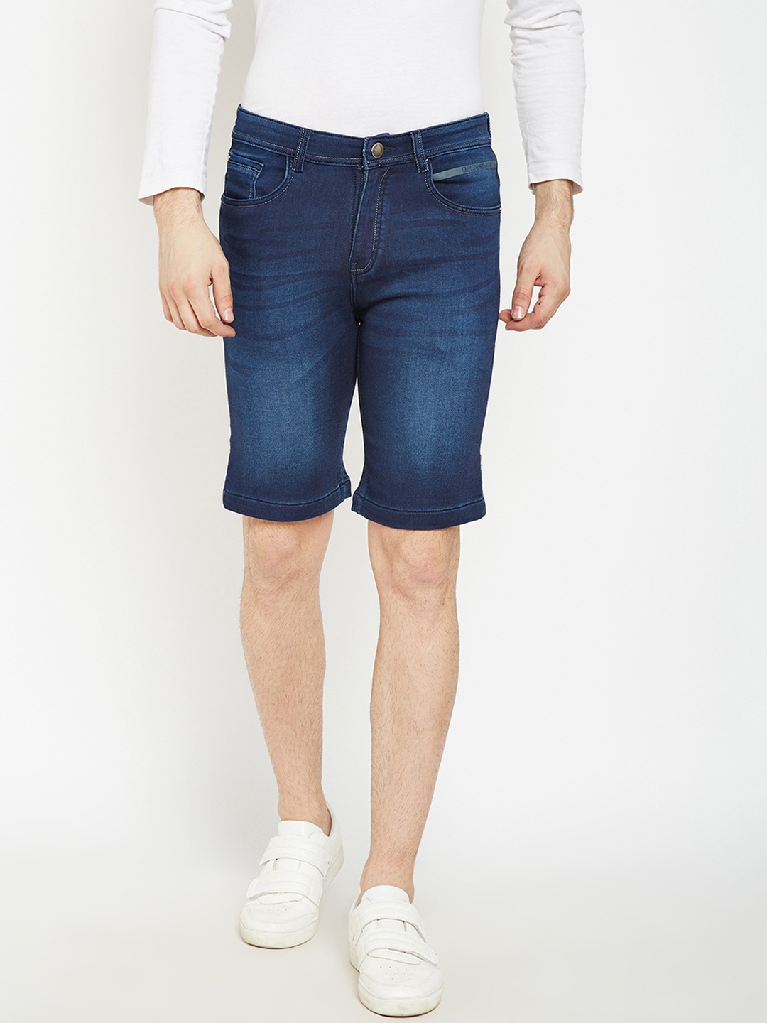 

Crimsoune Club Men Navy Blue Washed Slim Fit Denim Shorts