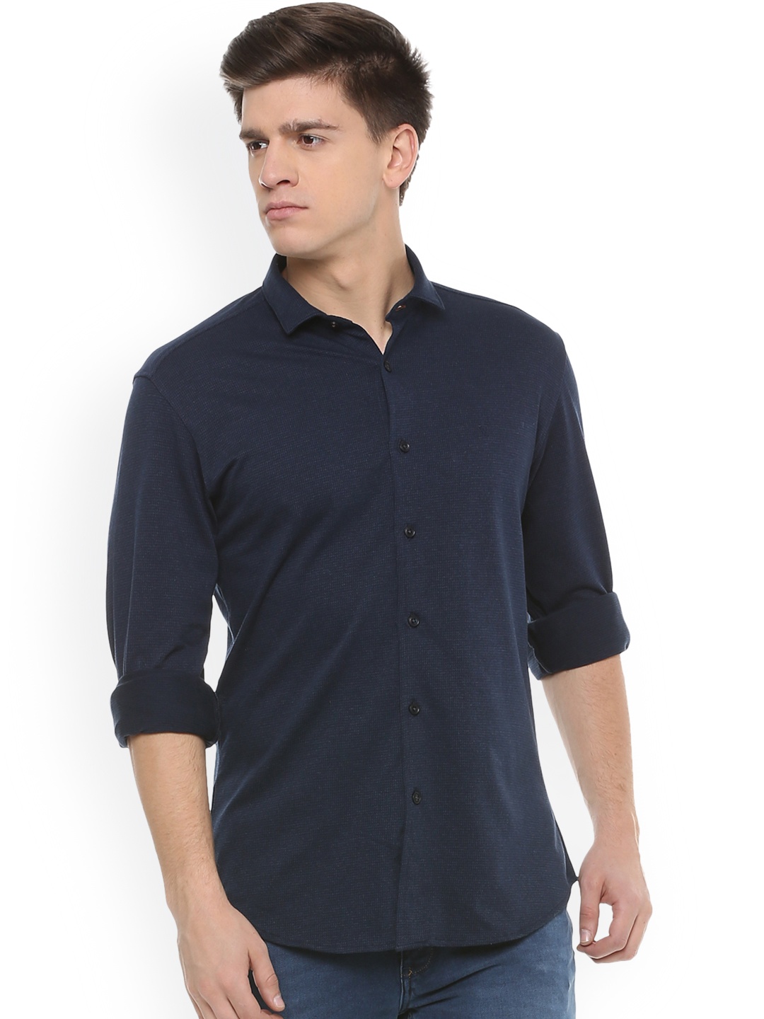 

V Dot Men Navy Blue Slim Fit Self Design Casual Shirt