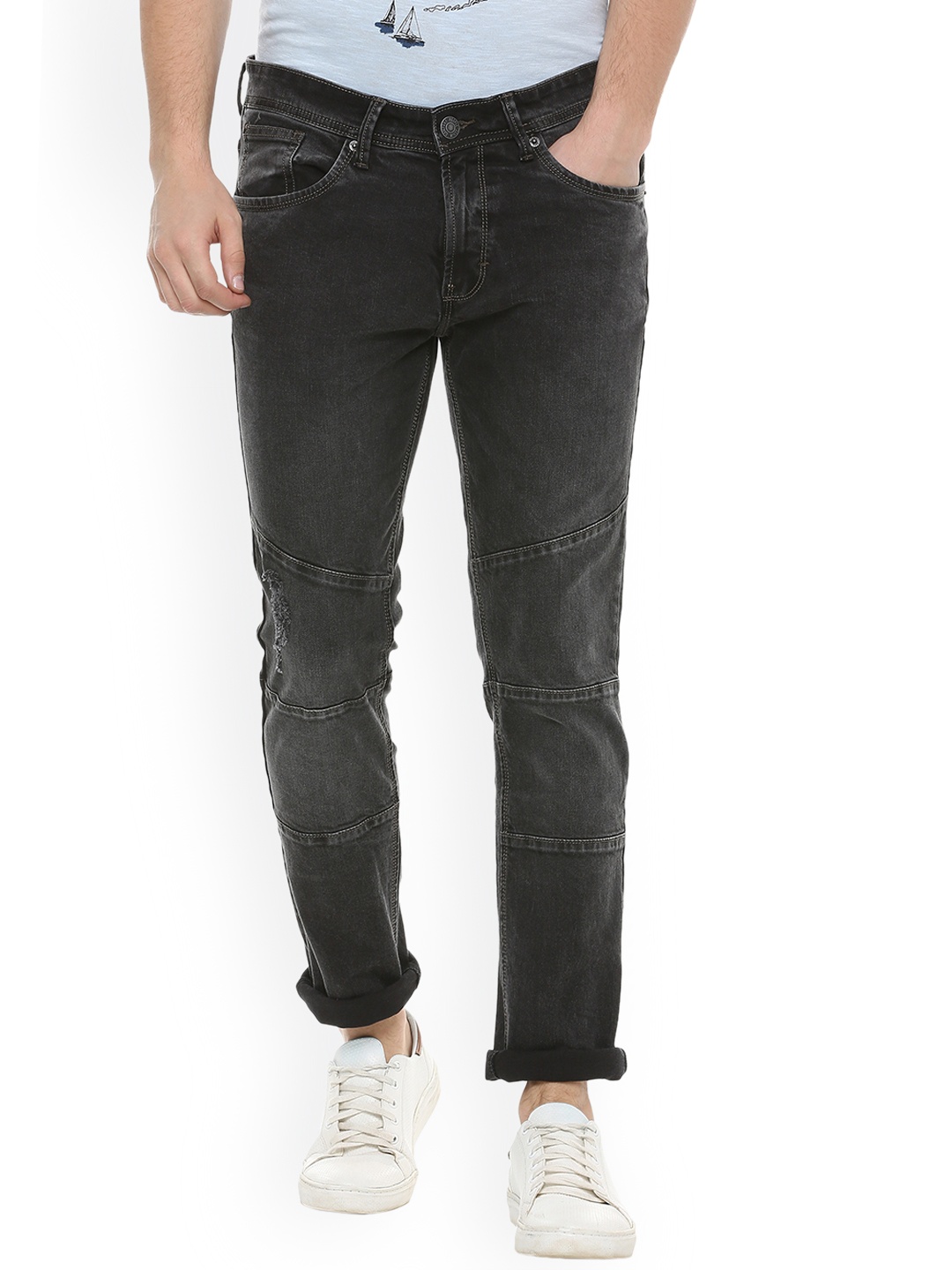 

People Men Charcoal Slim Fit Mid-Rise Mildly Distressed Jeans
