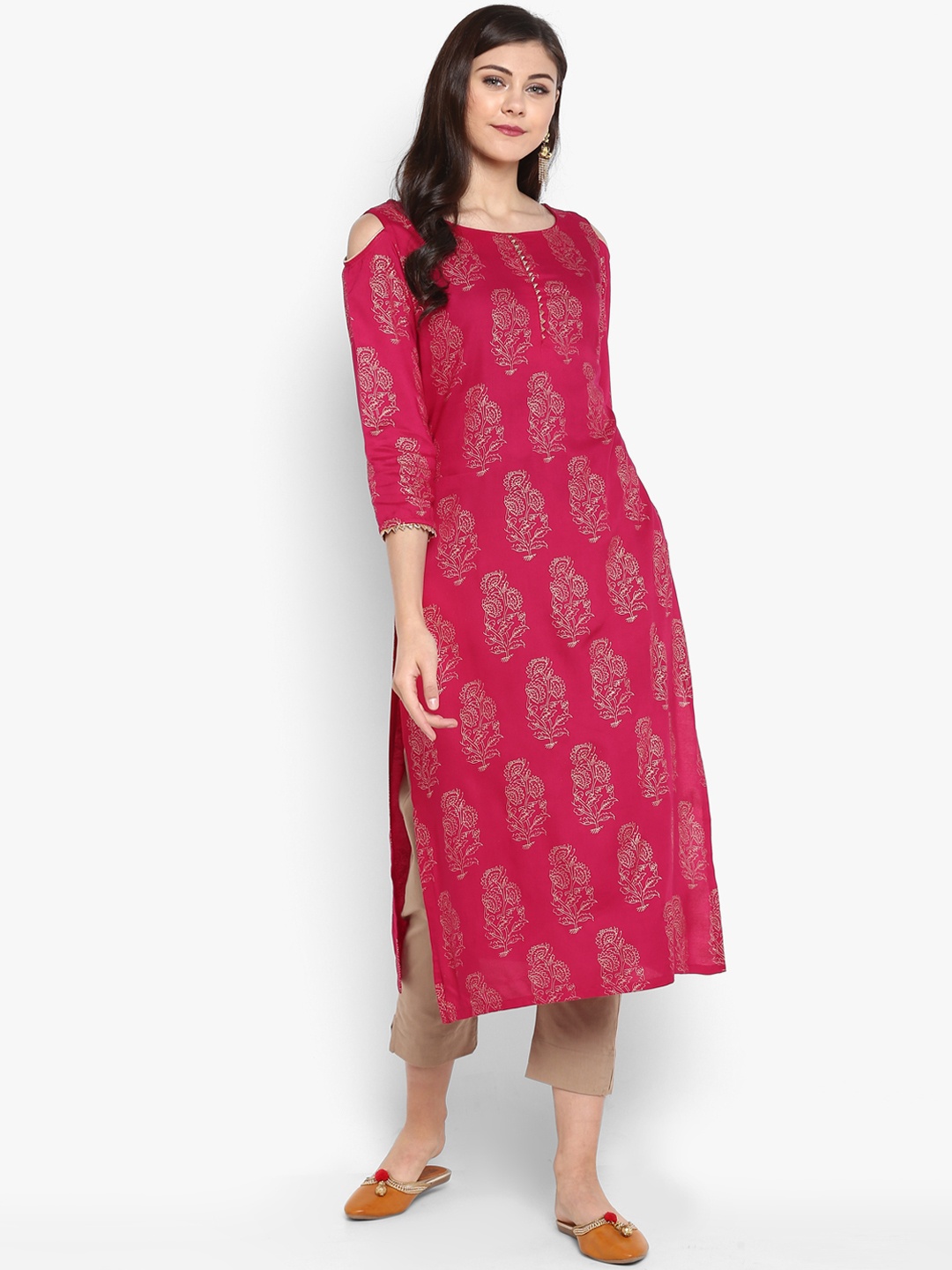 

Janasya Women Pink & Beige Solid Kurta with Trousers