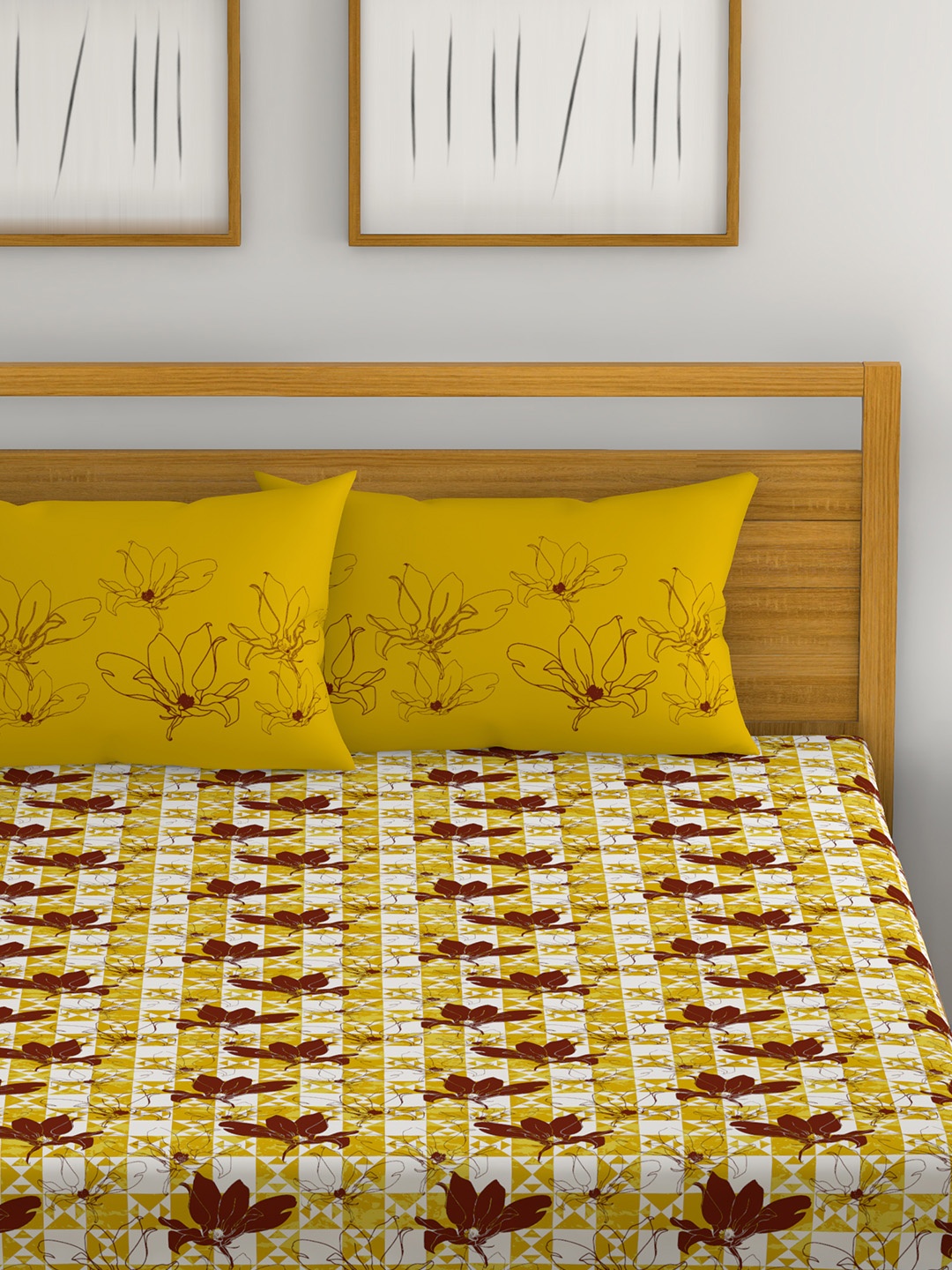 

MYTRIDENT Yellow Floral Flat 120 TC Cotton 1 Queen Bedsheet with 2 Pillow Covers