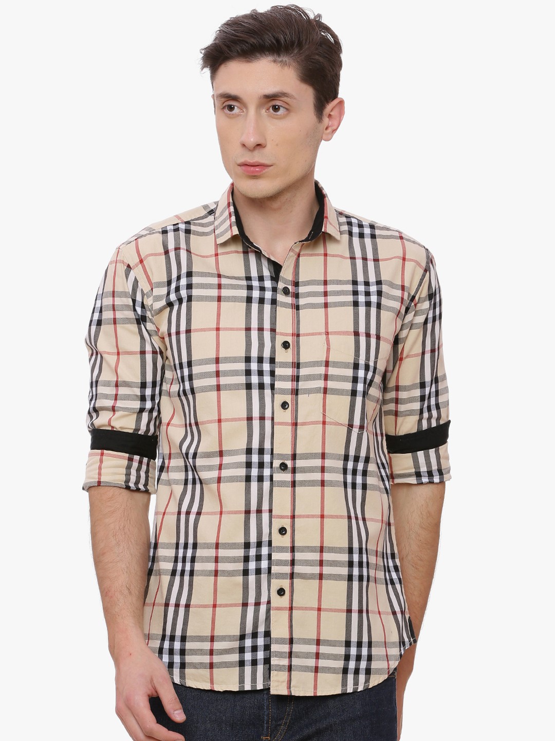 

Campus Sutra Men Beige & Black Regular Fit Checked Casual Shirt