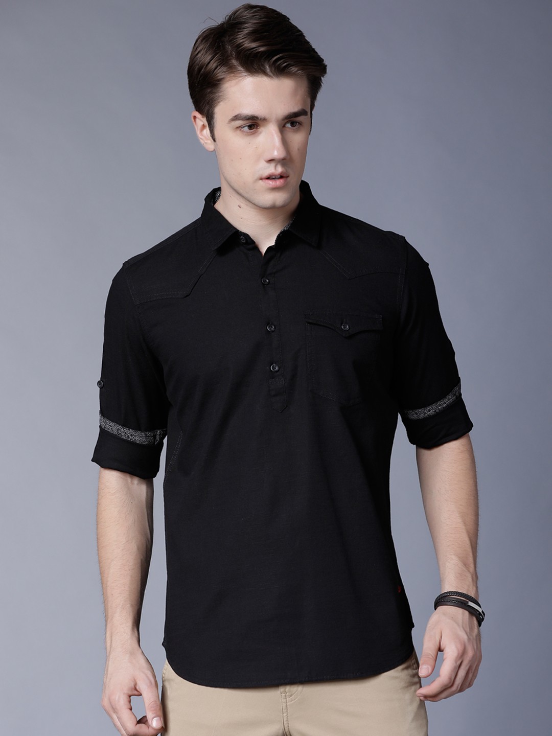 

LOCOMOTIVE Men Black Slim Fit Solid Casual Shirt