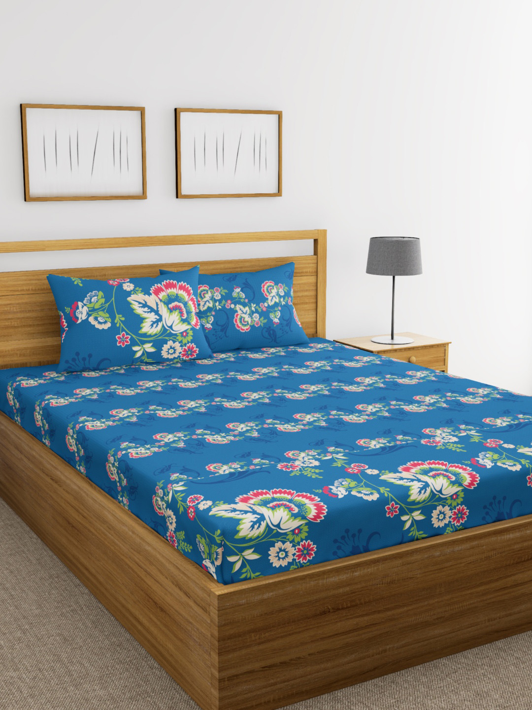 

BIANCA Blue Floral Flat 144 TC Cotton 1 Queen Bedsheet with 2 Pillow Covers