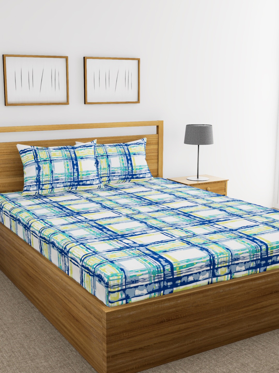 

BIANCA Blue & White Abstract Flat 180 TC Cotton 1 Queen Bedsheet with 2 Pillow Covers