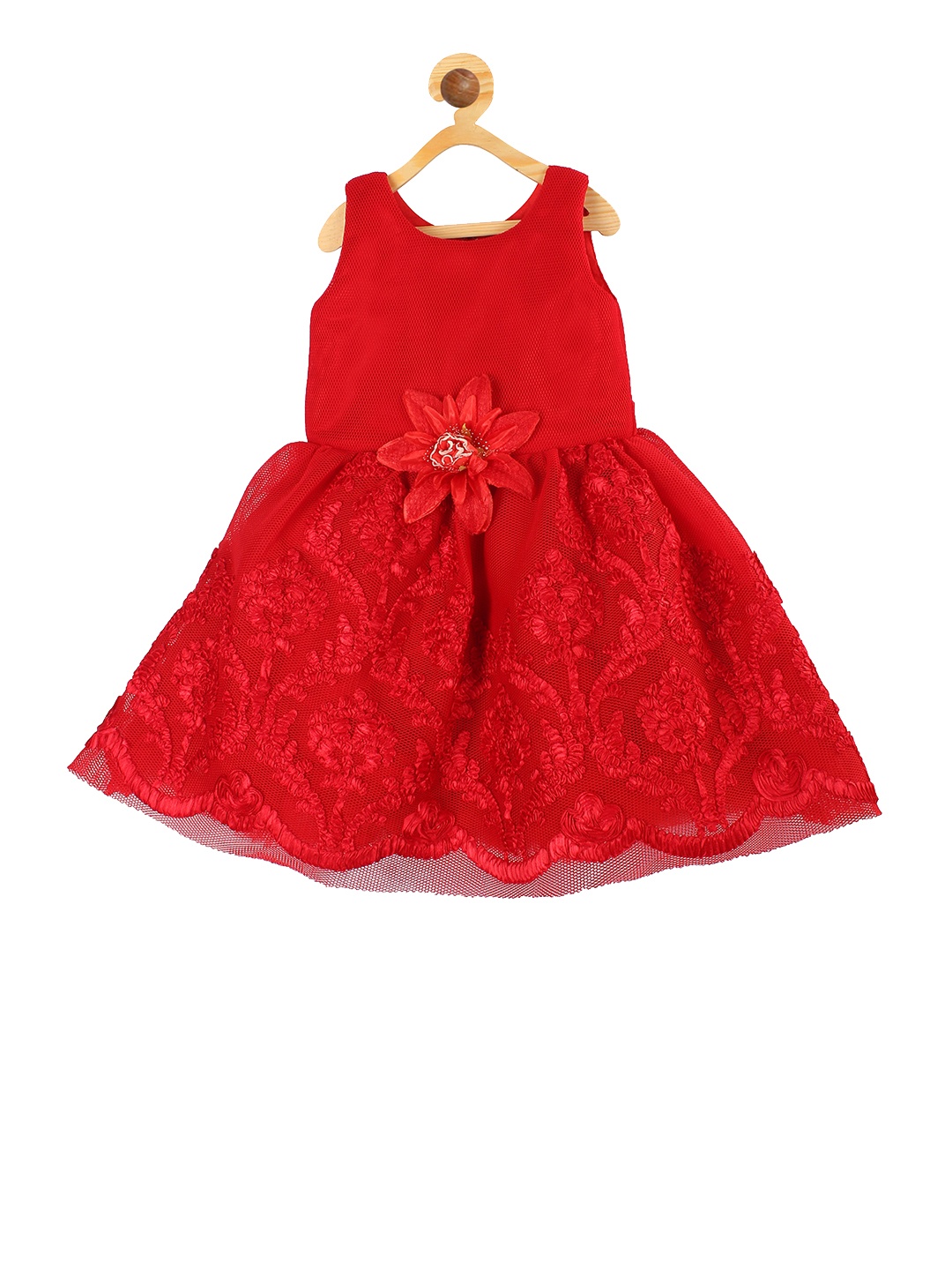 

La Bele Girls Red Self Design Fit and Flare Dress