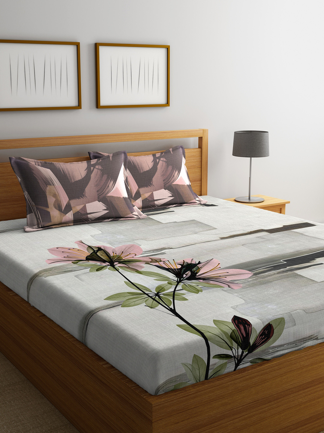 

Portico New York Grey Graphic Flat 210 TC Cotton 1 King Bedsheet with 2 Pillow Covers