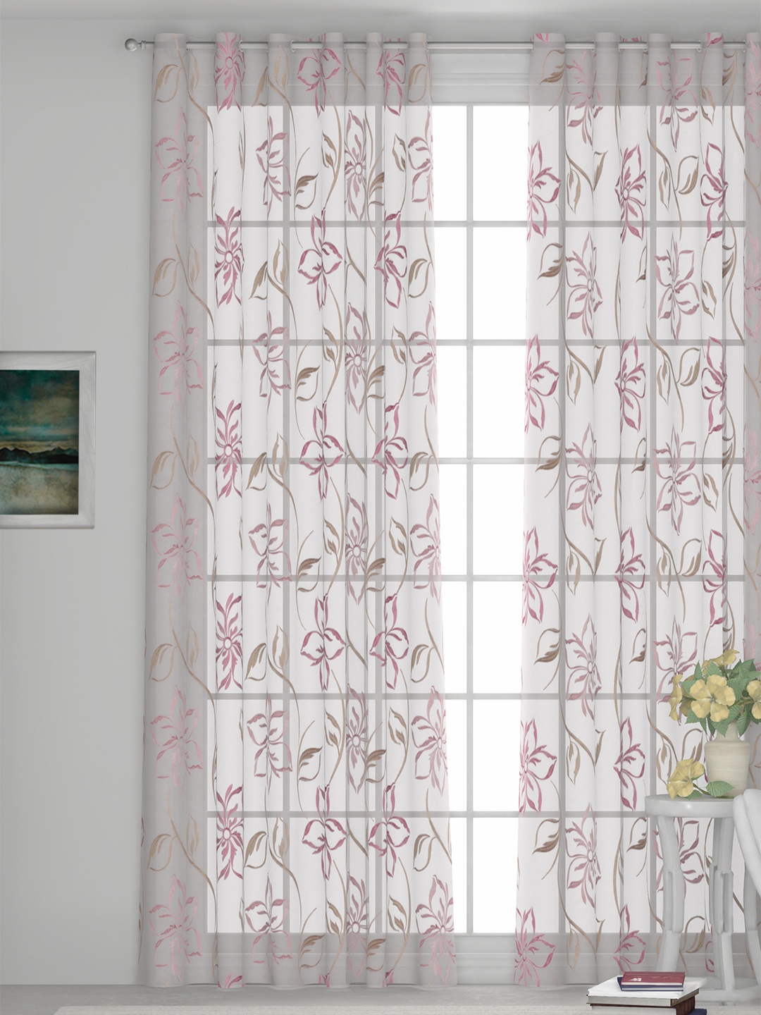 GM Off-White & Pink Embroidered Sheer Door Curtain