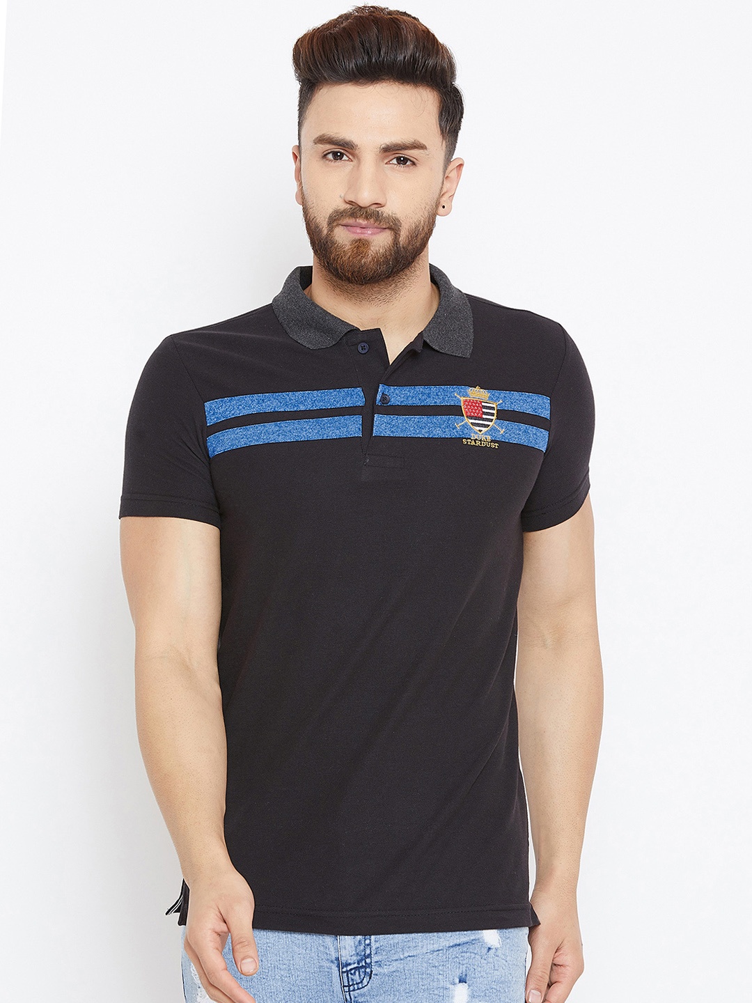 

Duke Men Black Striped Polo Collar T-shirt