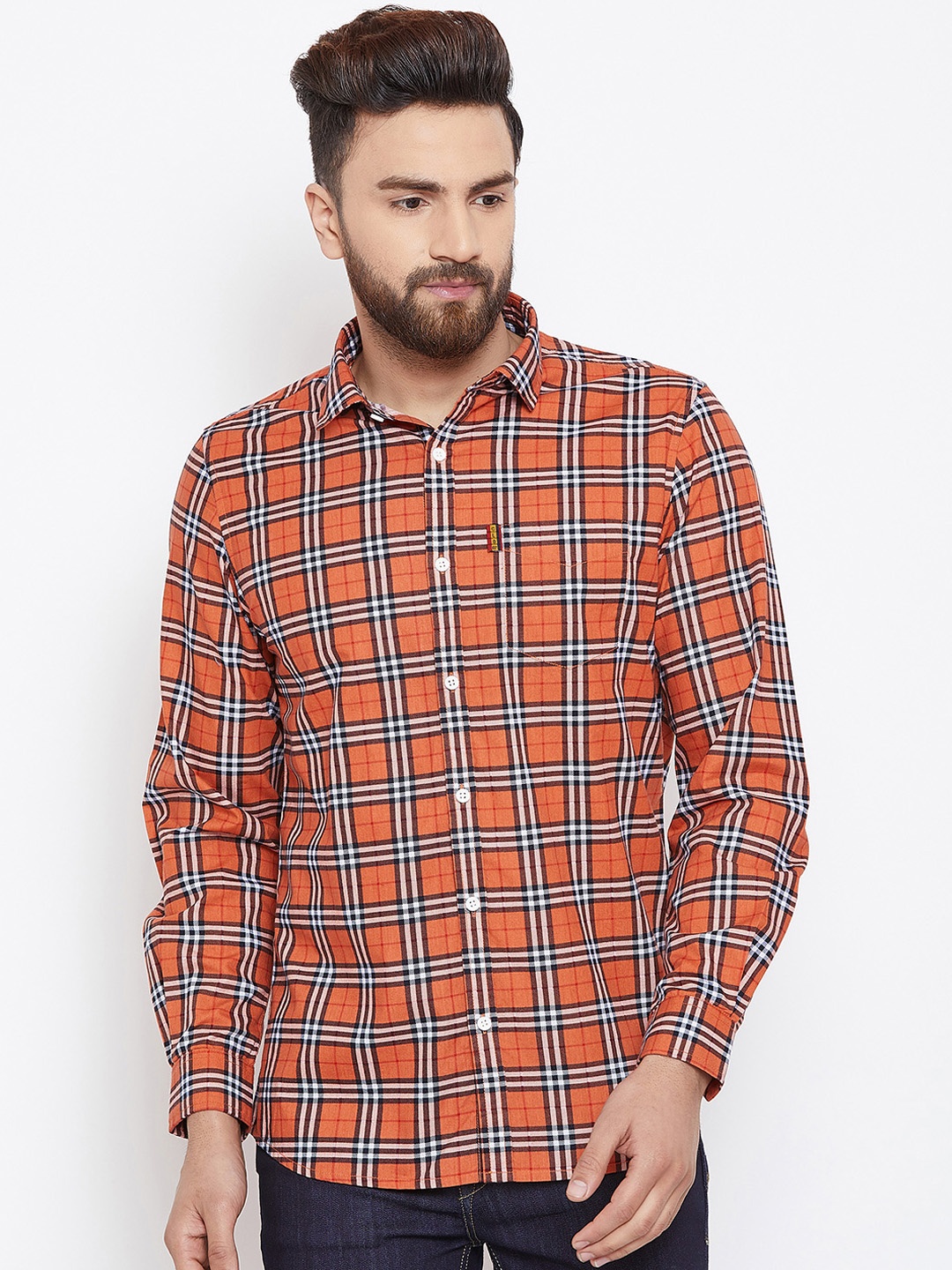 

Canary London Men Rust Orange & White Smart Slim Fit Checked Casual Shirt
