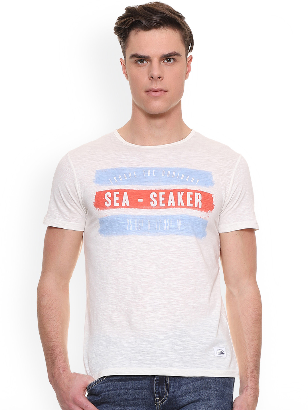 

People Men White Printed Round Neck Pure Cotton T-shirt